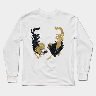 The Couple Rooster Chicken Japanese Woodcut Printing Style Long Sleeve T-Shirt